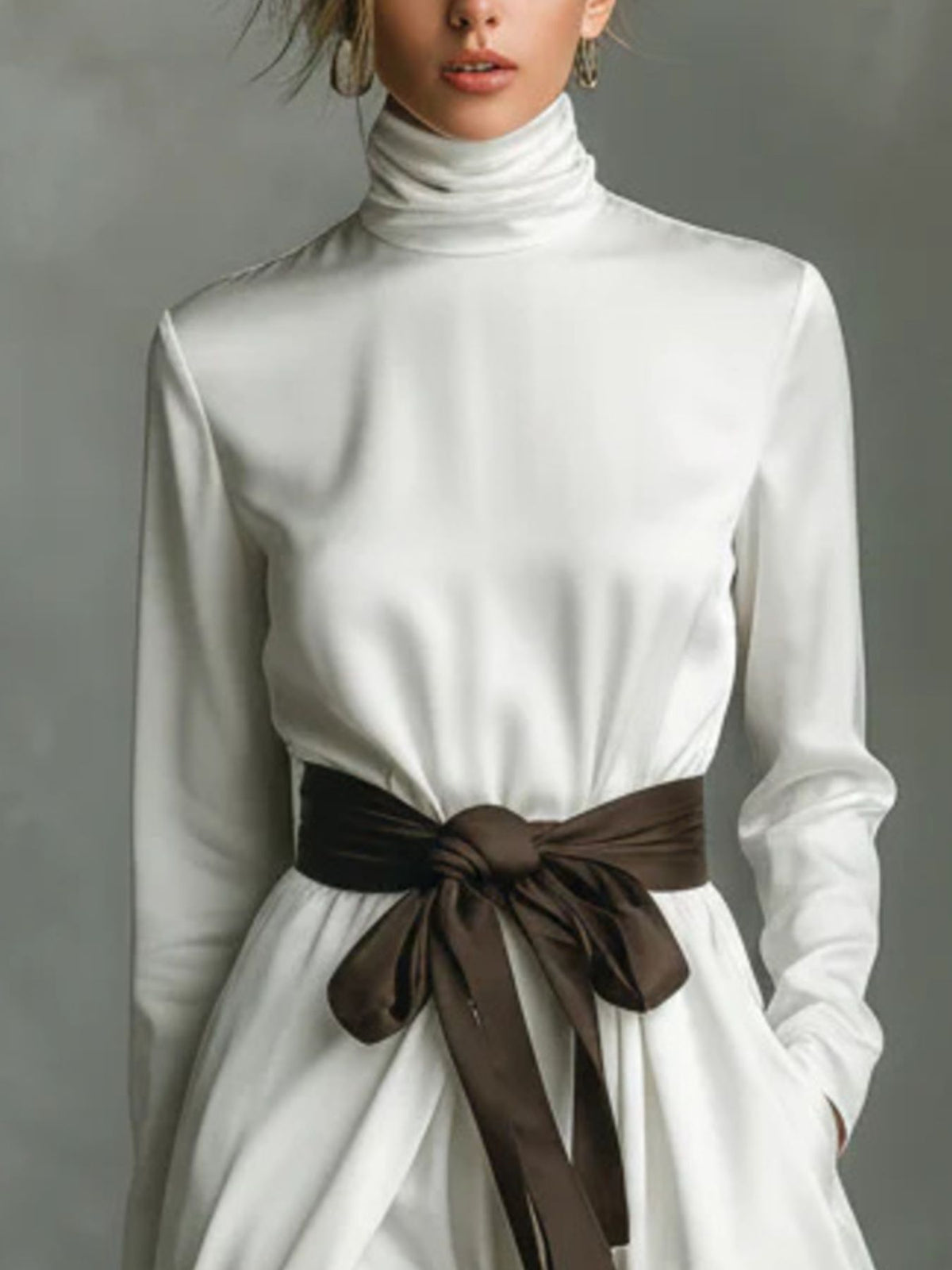 Turtleneck Tie-Waist Midi Dress in White