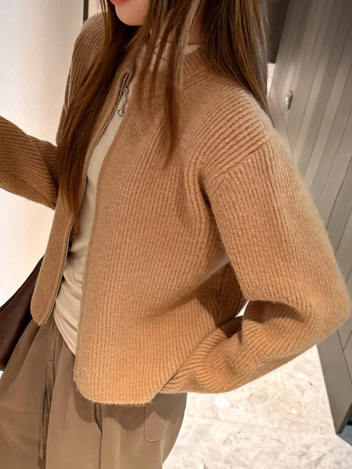 Zip-Up Dropped Shoulder Ribbed Cardigan