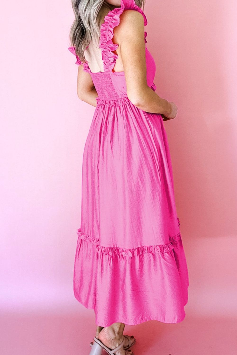 High Waist Ruffle Trim Maxi Dress in Fuchsia Pink