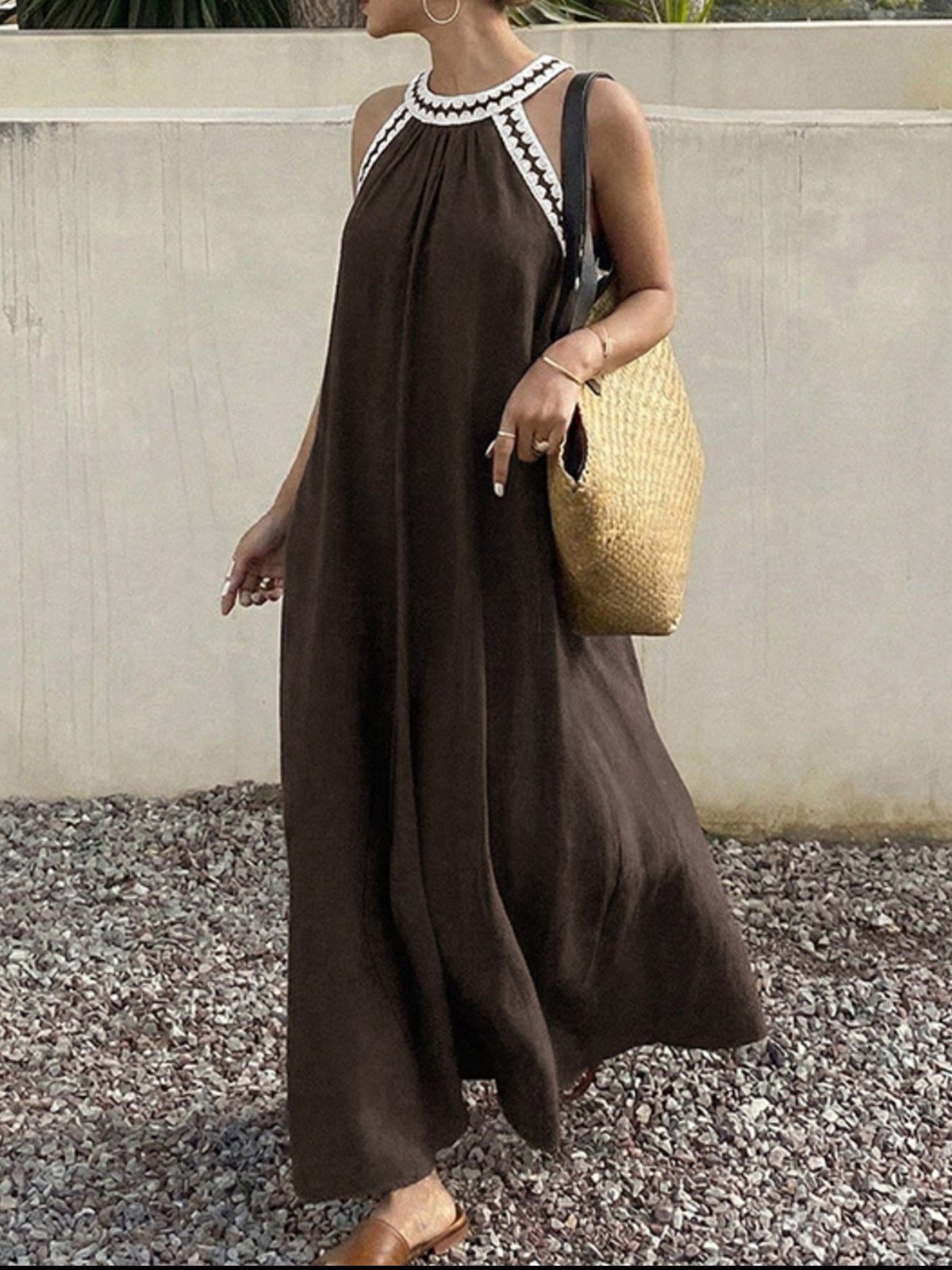 Crochet Trim Sleeveless Maxi Dress in Brown