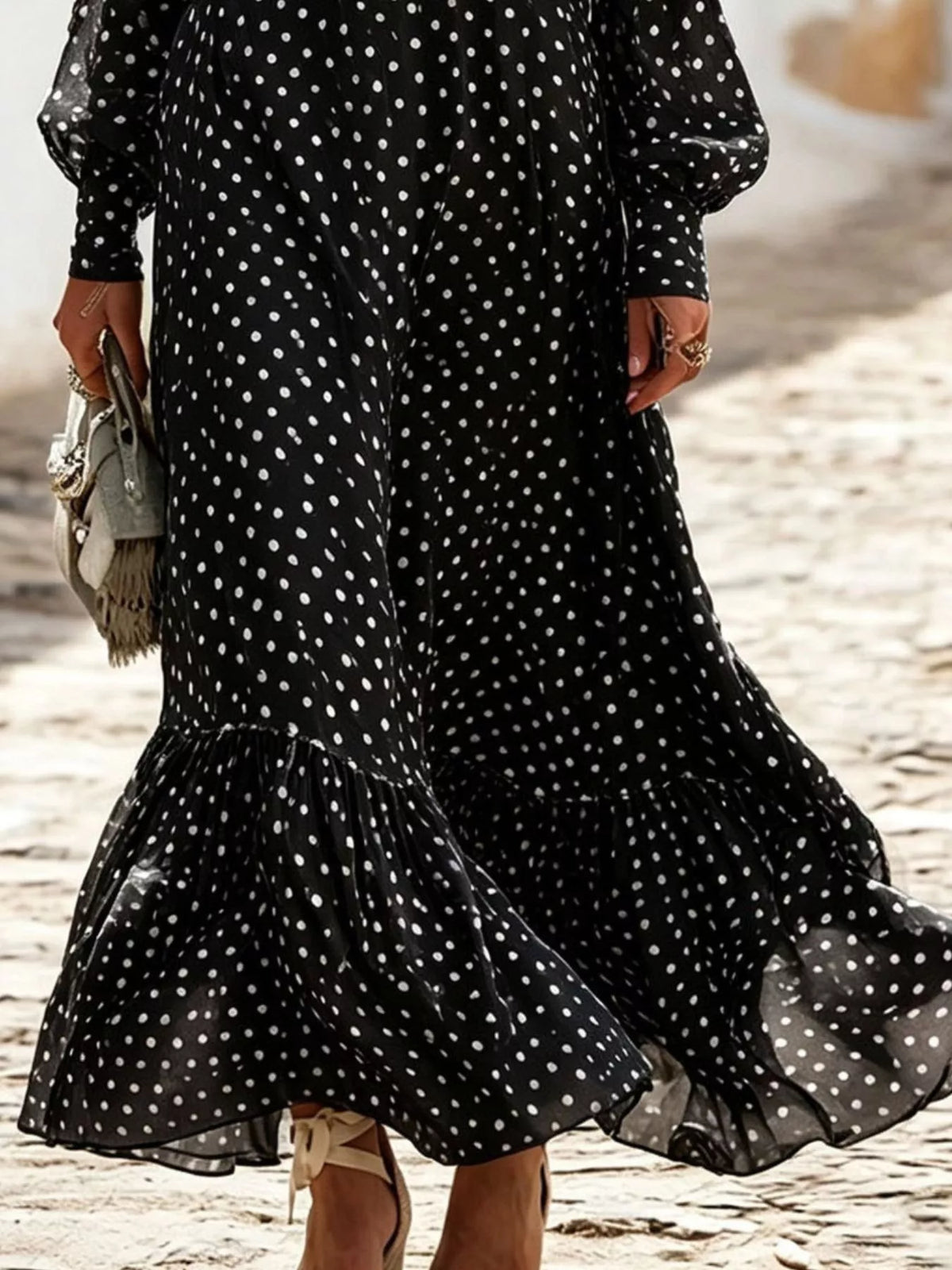 Polka Dot Ruffle V-Neck Maxi Dress