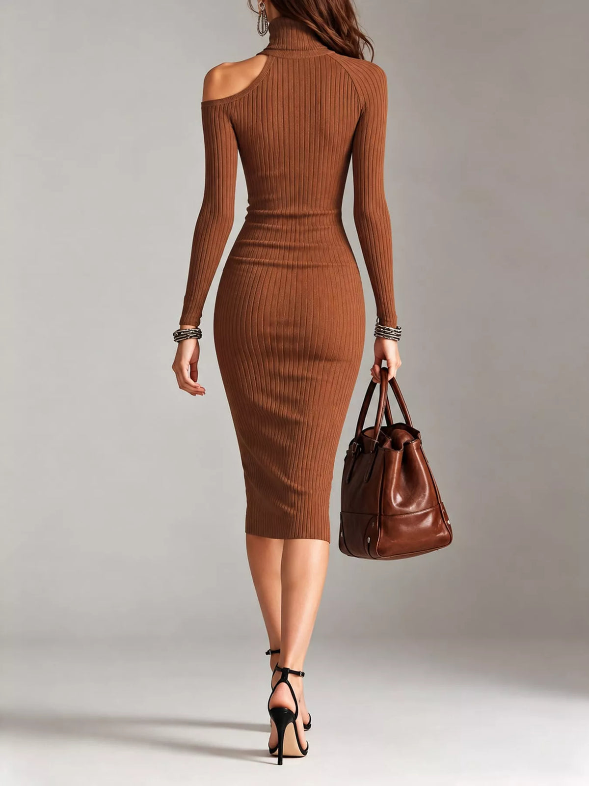 Cold-Shoulder Turtleneck Ribbed Dress