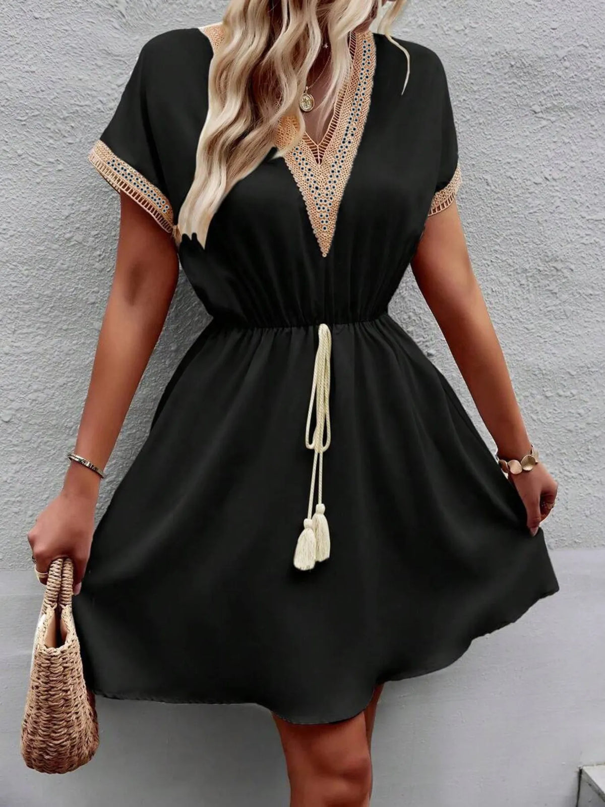 Tied V-Neck Short Sleeve Mini Dress