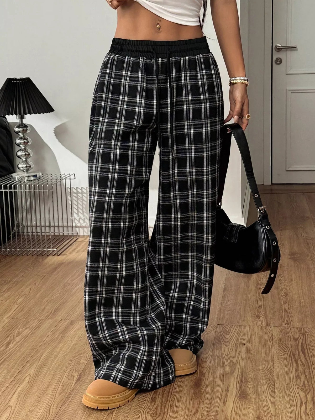 Plaid Drawstring Wide Leg Pants
