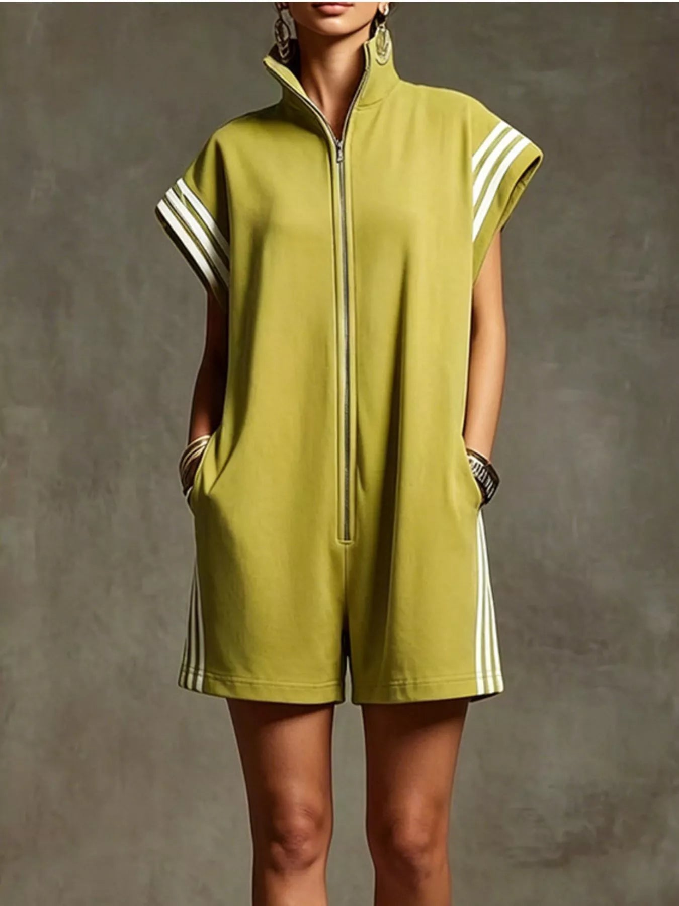 Striped Zip-Front Short-Sleeve Romper