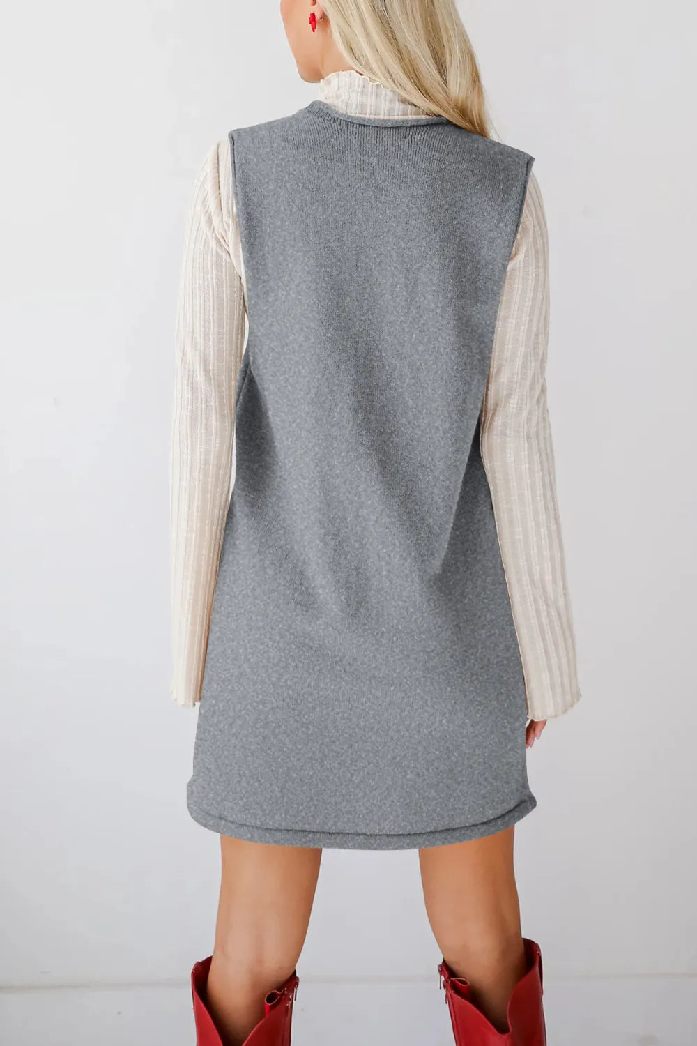 Pocketed V-Neck Mini Sweater Overall Dress