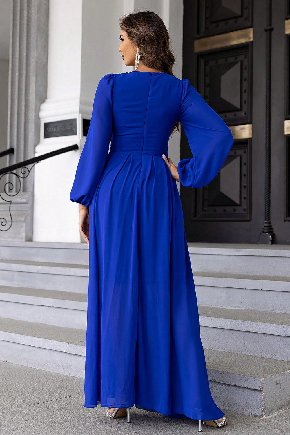 Twist Front Cutout Long Sleeve Dress in Royal Blue in Royal  Blue
