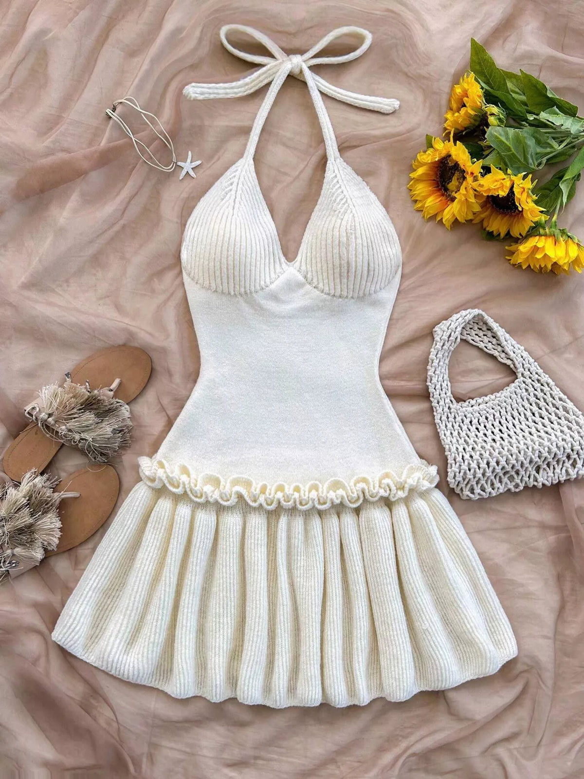 Halter Neck Ruffle Hem Knit Sweater Dress in White