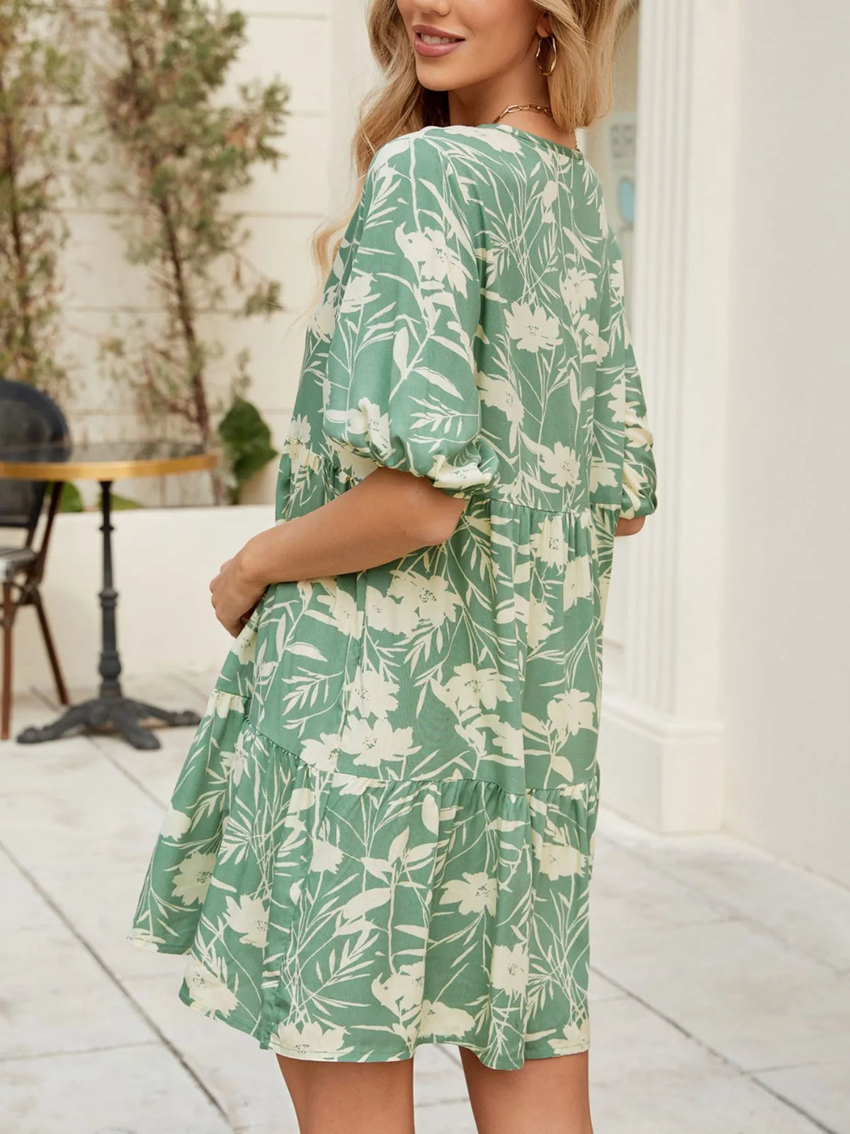 Ruffle-Hem V-Neck Mini Dress in Green