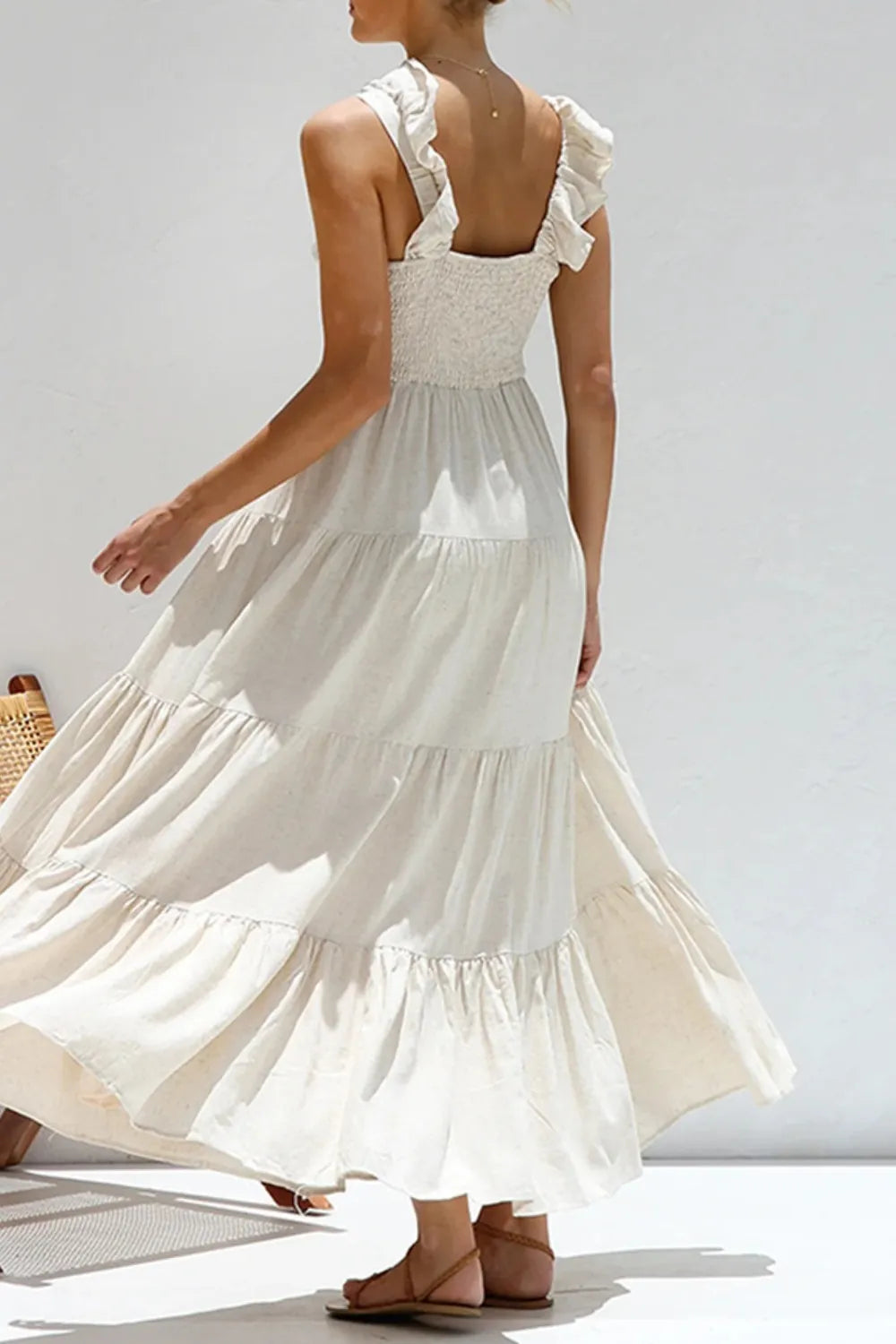 Ruffled V-Neck Tiered Cotton Dress