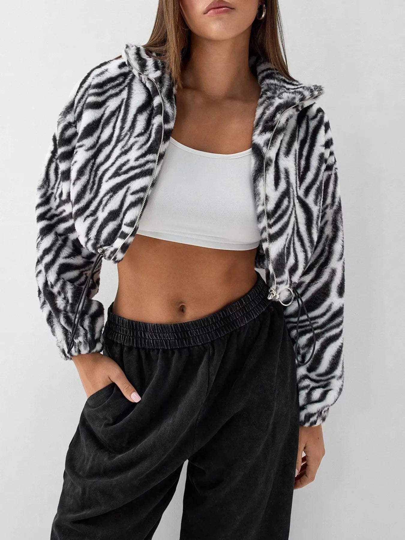 Zebra Print Plush Cropped Jacket in Black