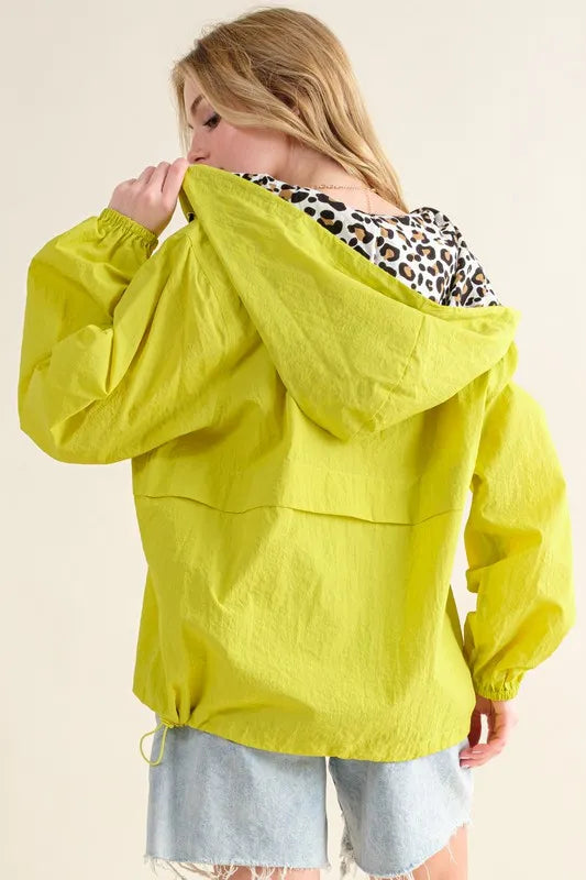 And The Why Leopard Print Zip Windbreaker in Lime