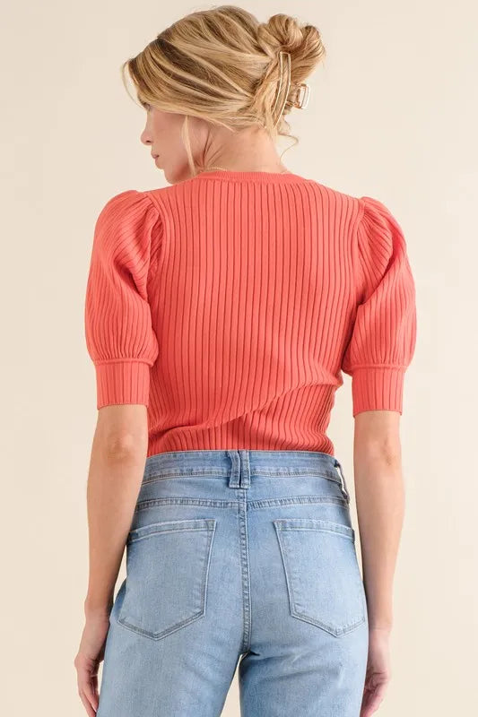And The Why Puffed Half Sleeve Ribbed Bodysuit in Coral