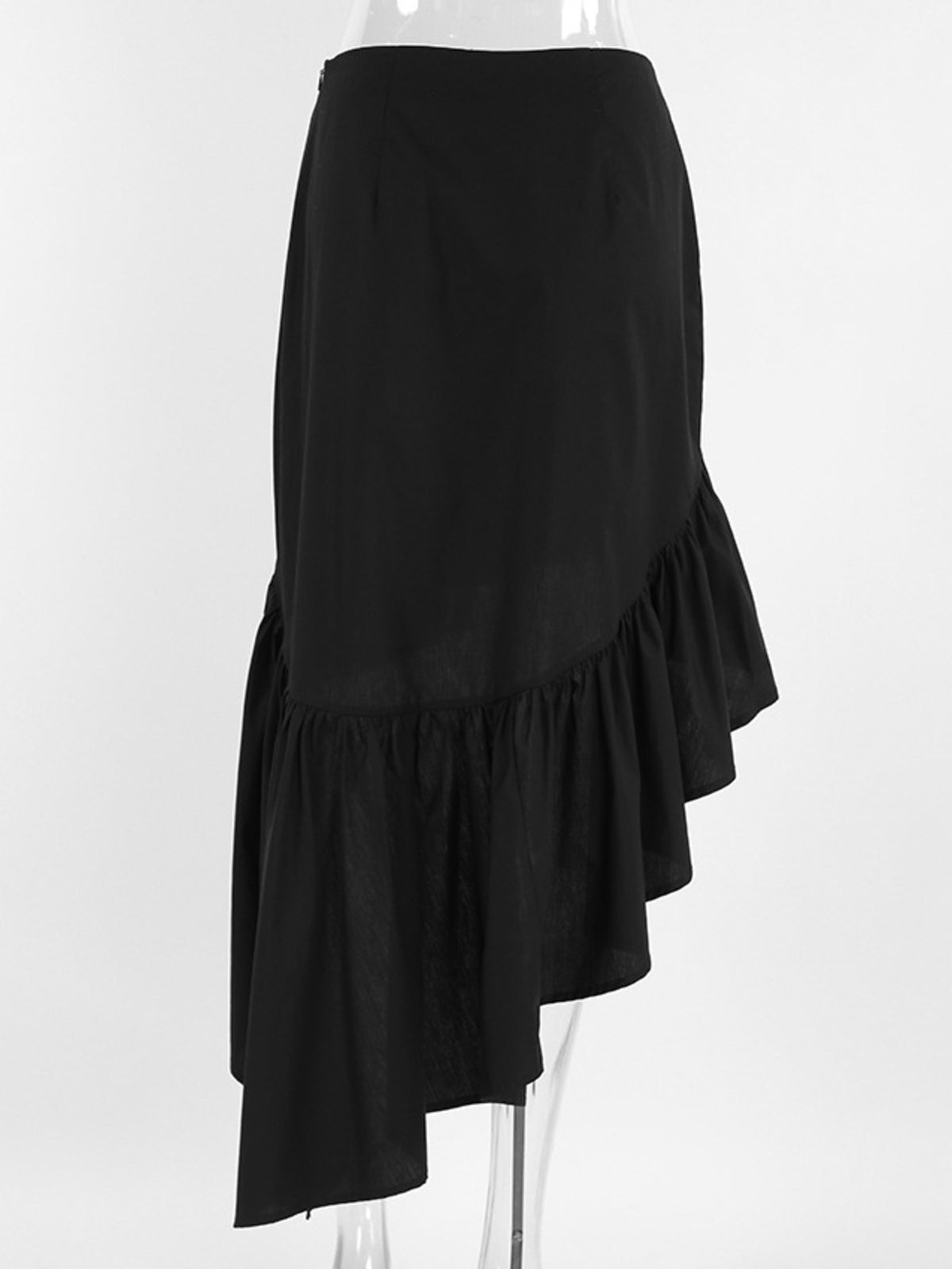 Asymmetrical Ruffle Hem Midi Skirt in Black