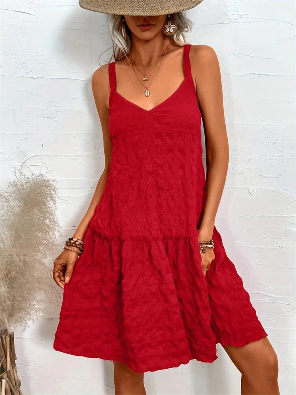 Crisscross Tiered Cami Dress in Scarlet