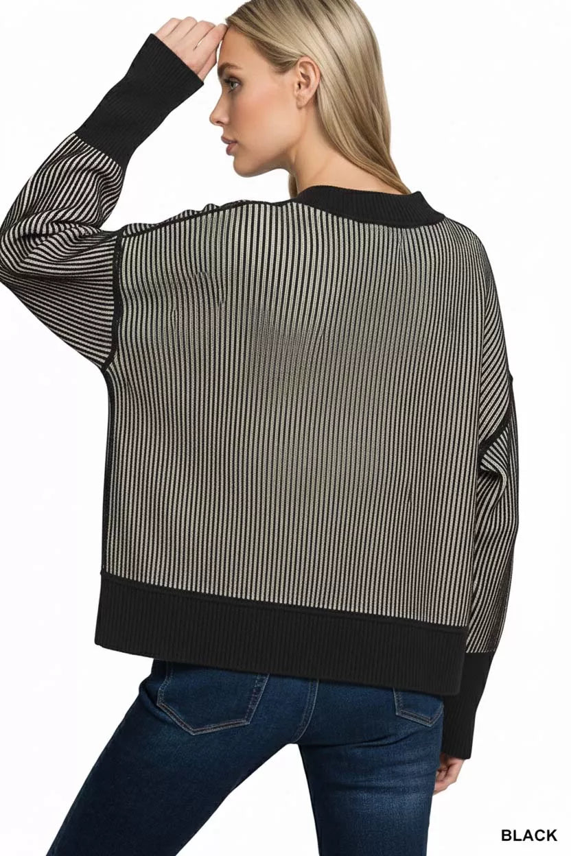 Zenana Ribbed Exposed Seam Two-Tone Sweater in Black