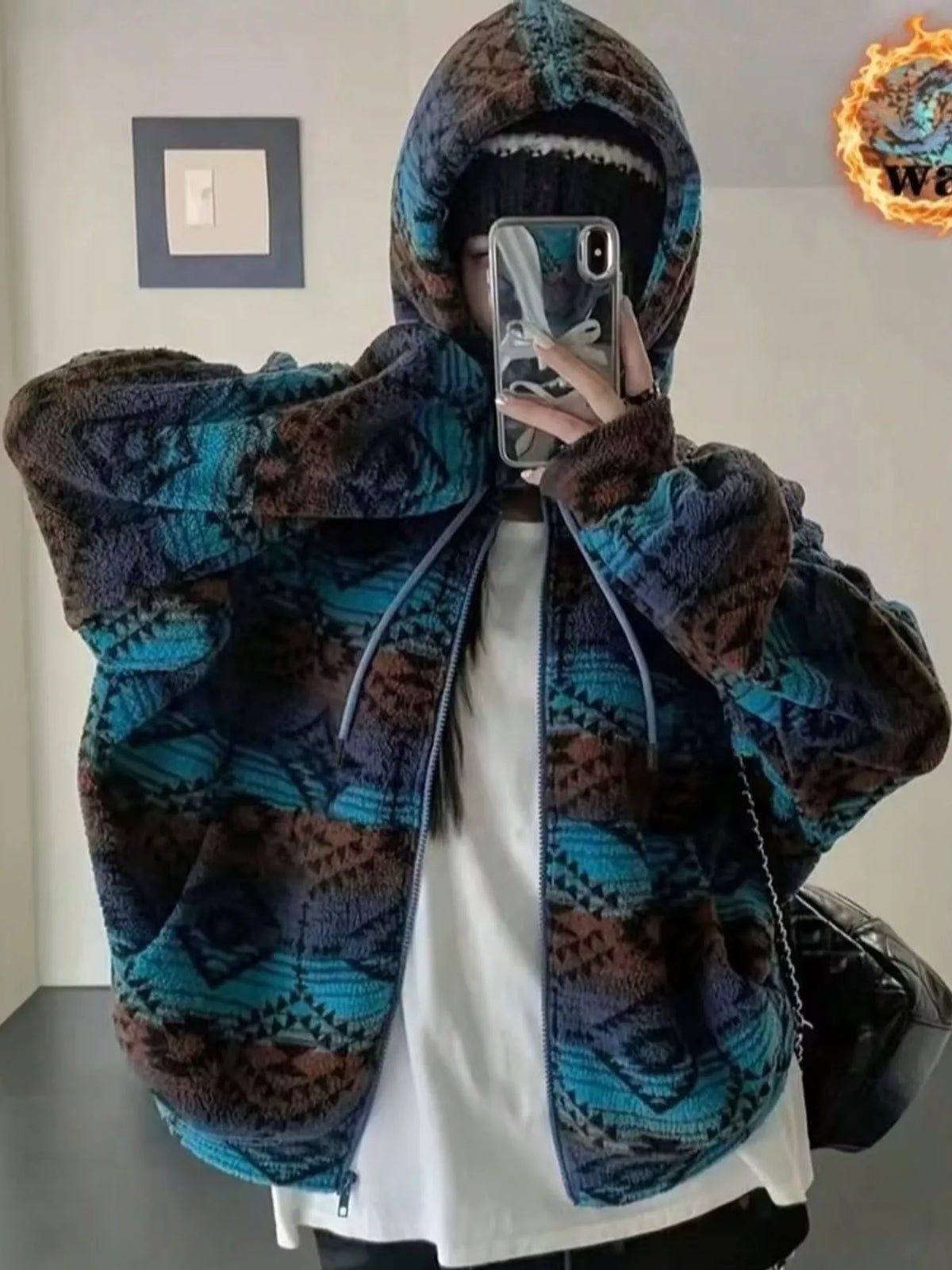 Geometric Print Fleece Zip-Up Jacket in Blue in Blue-Single Piece Jacket