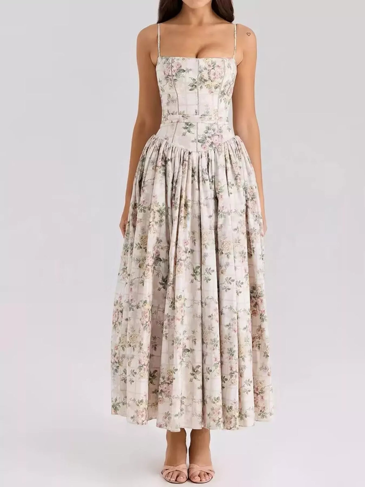 Floral Spaghetti Strap Midi Dress in White