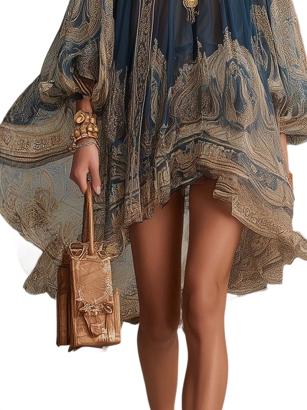 Paisley Print Chiffon High-Low Mini Dress in Navy
