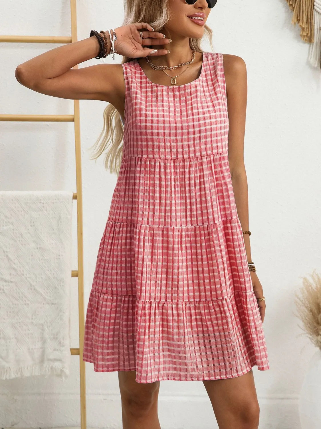 Plaid Round Neck Mini Dress