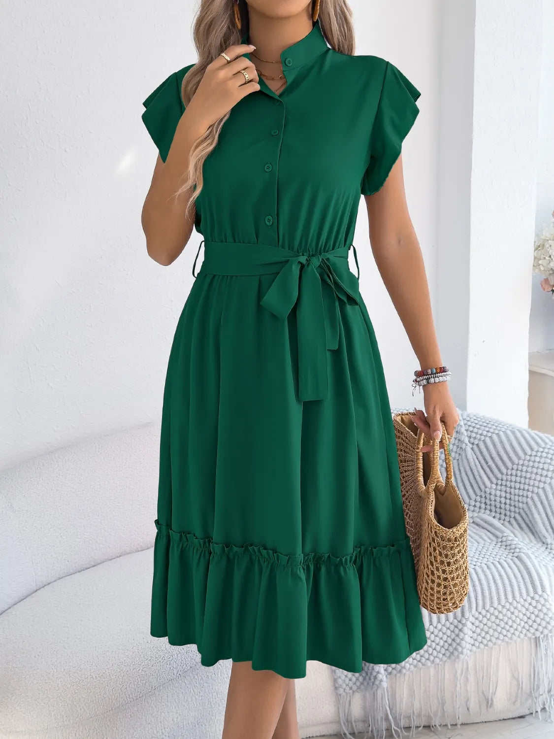 Tie-Waist Ruffled Cap Sleeve Dress