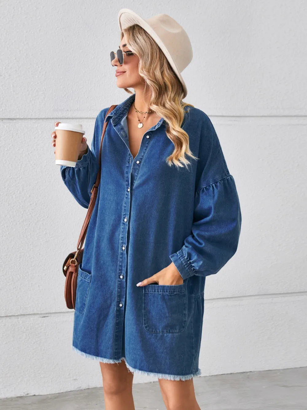 Button-Up Raw-Hem Denim Dress by Manny