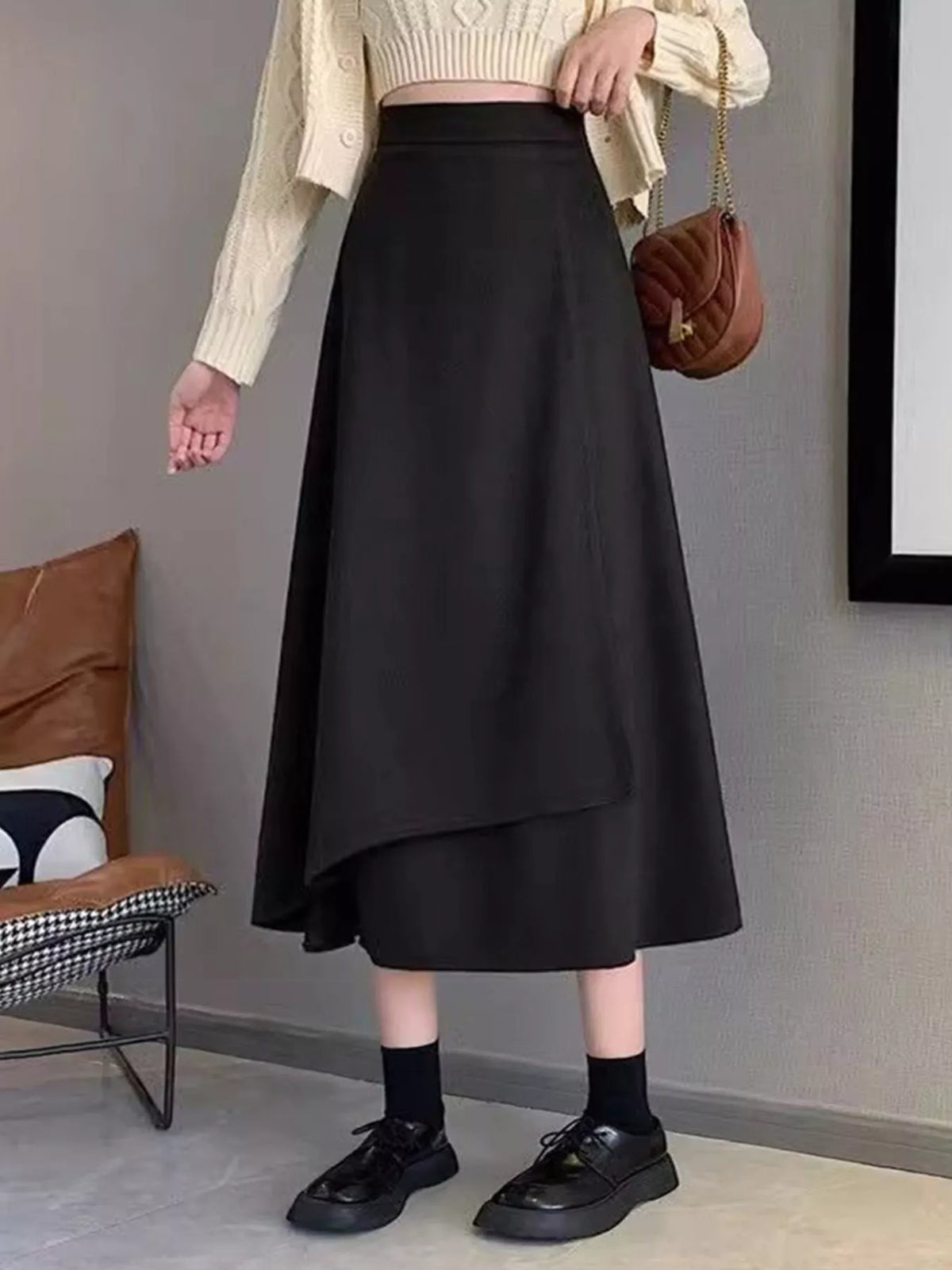 Asymmetrical Hem A-Line Skirt in Black