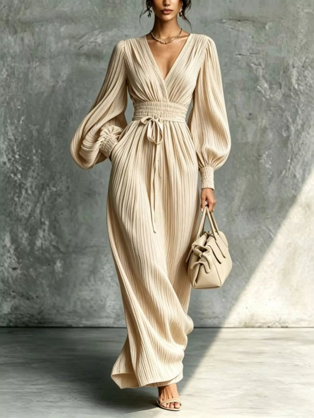 Pleated V-Neck Maxi Dress with Lantern Sleeves