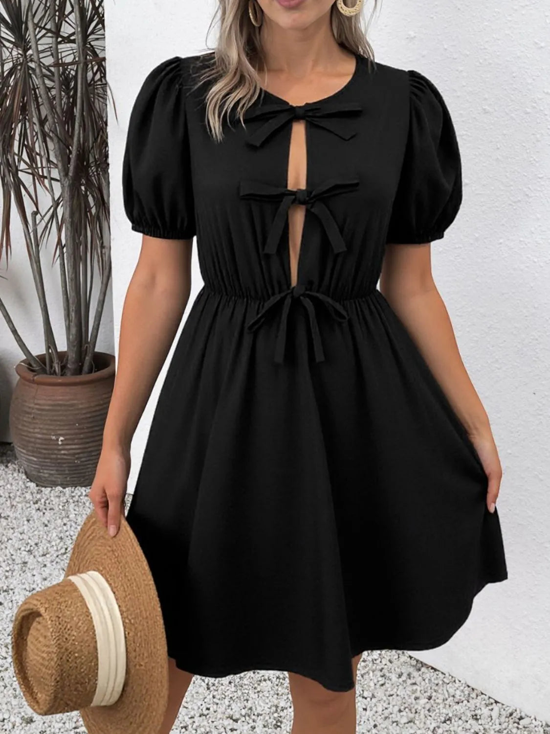 Tie Front Puff Sleeve Mini Dress in Black