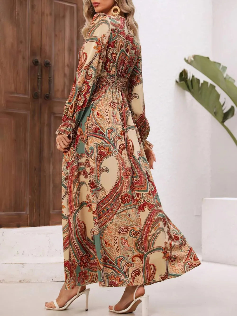 Smocked V-Neck Flounce Sleeve Dress