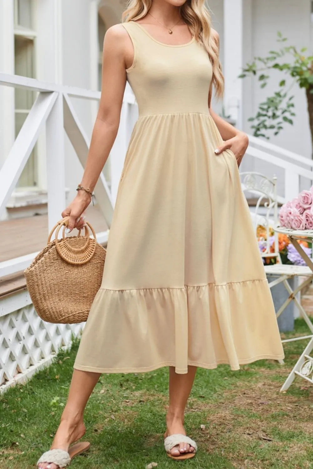 Round Neck Wide Strap Tank Dress by Gen Beauty