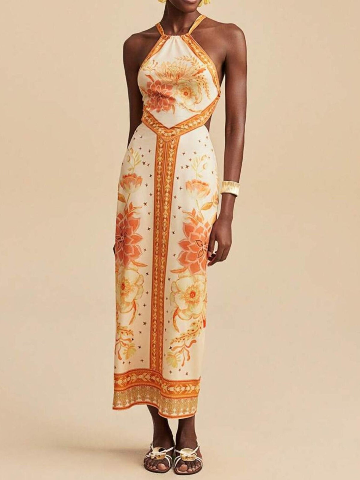Floral Print Halter Neck Maxi Dress in Yellow