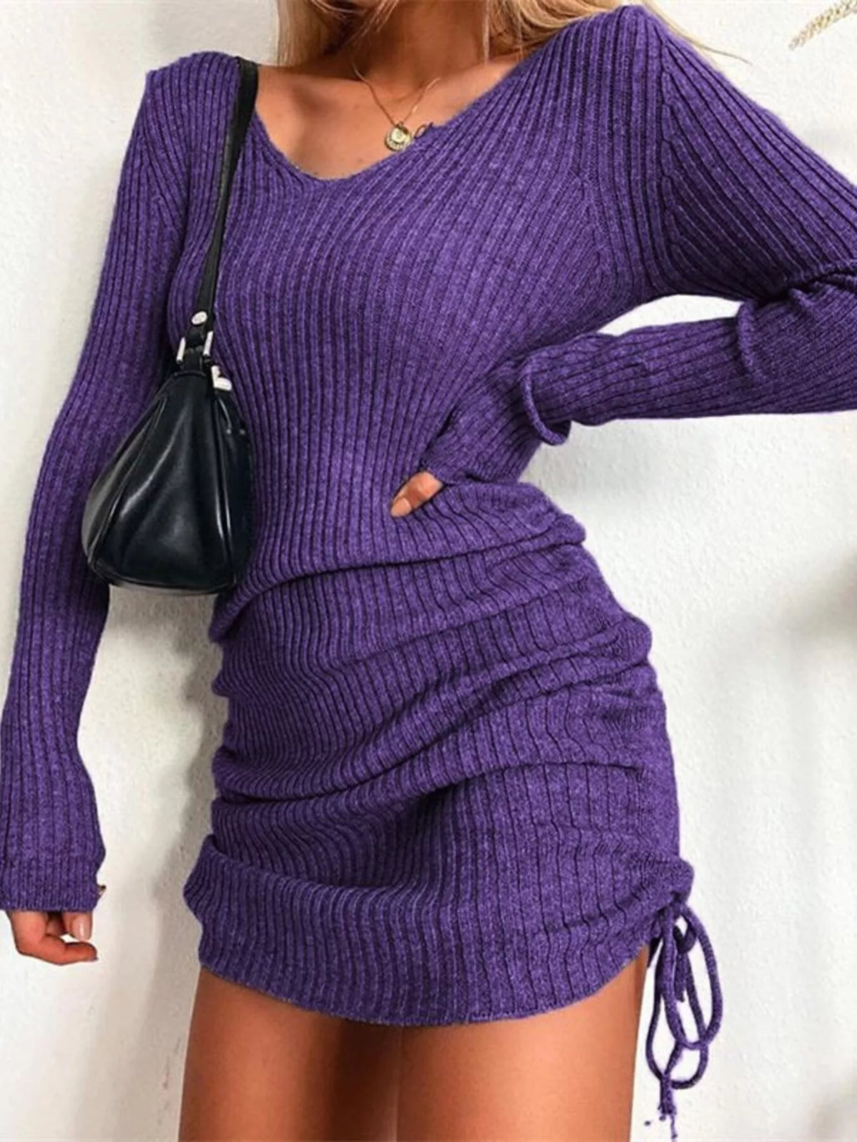Ribbed Knit Drawstring Bodycon Sweater Dress
