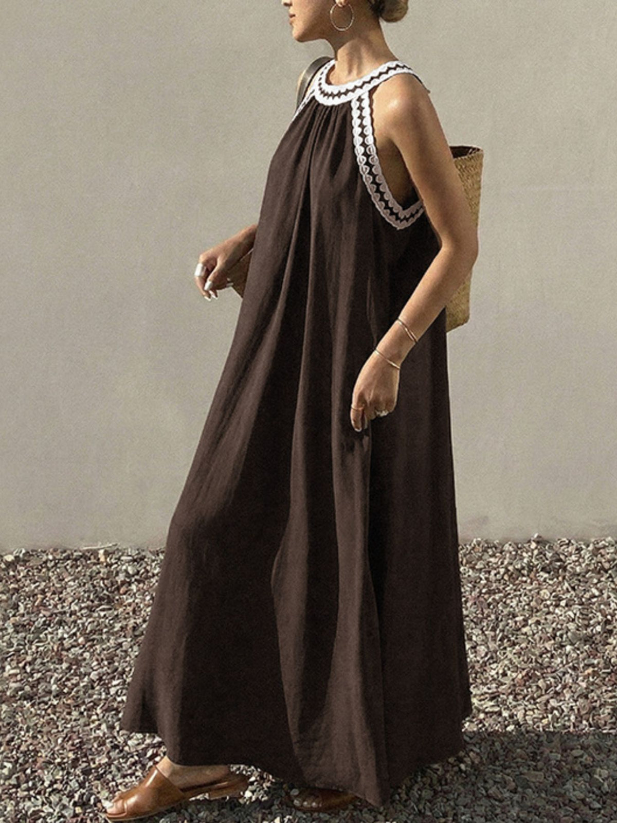 Crochet Trim Sleeveless Maxi Dress in Brown