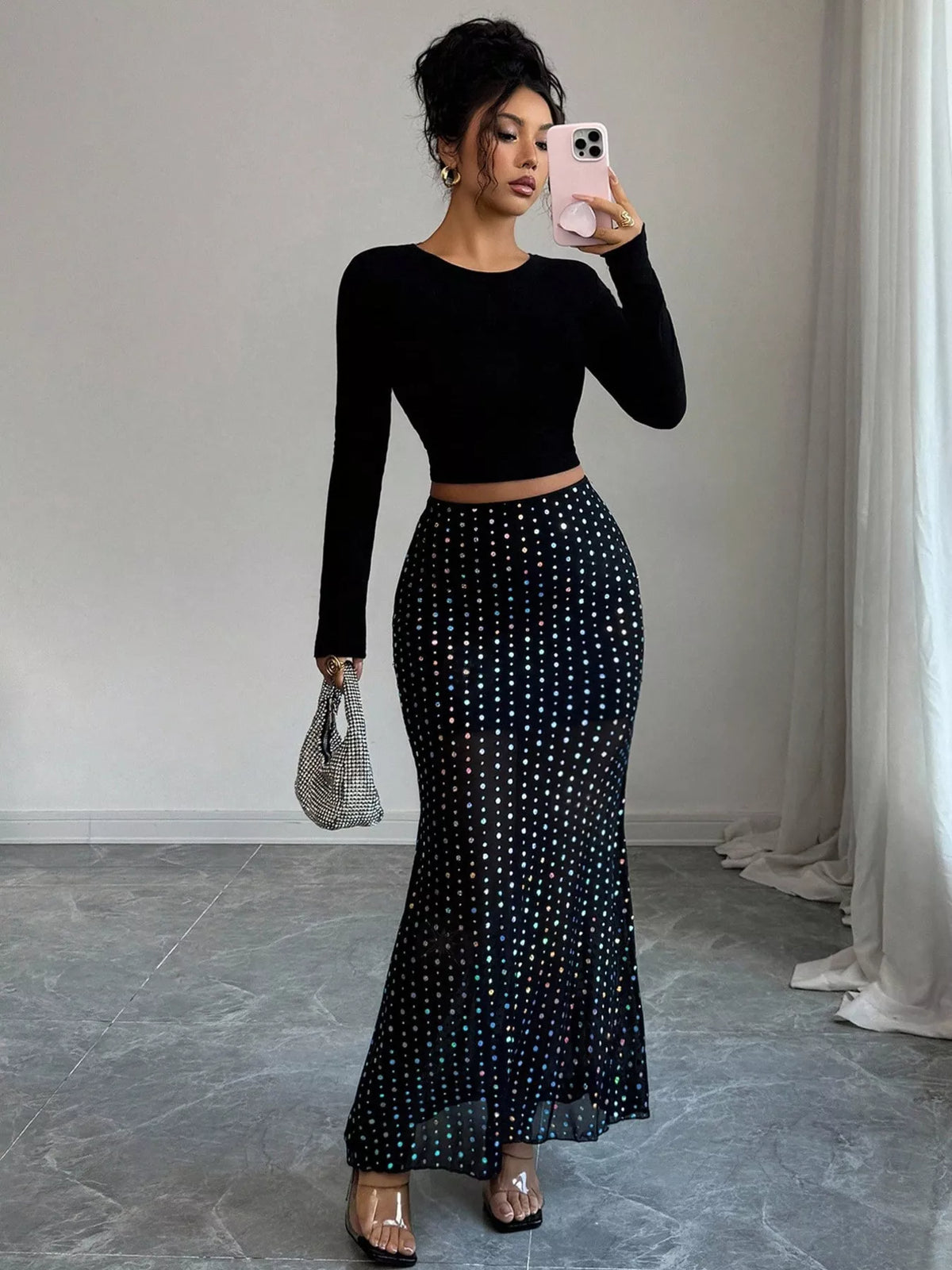 Sheer Polka Dot Maxi Skirt in Black