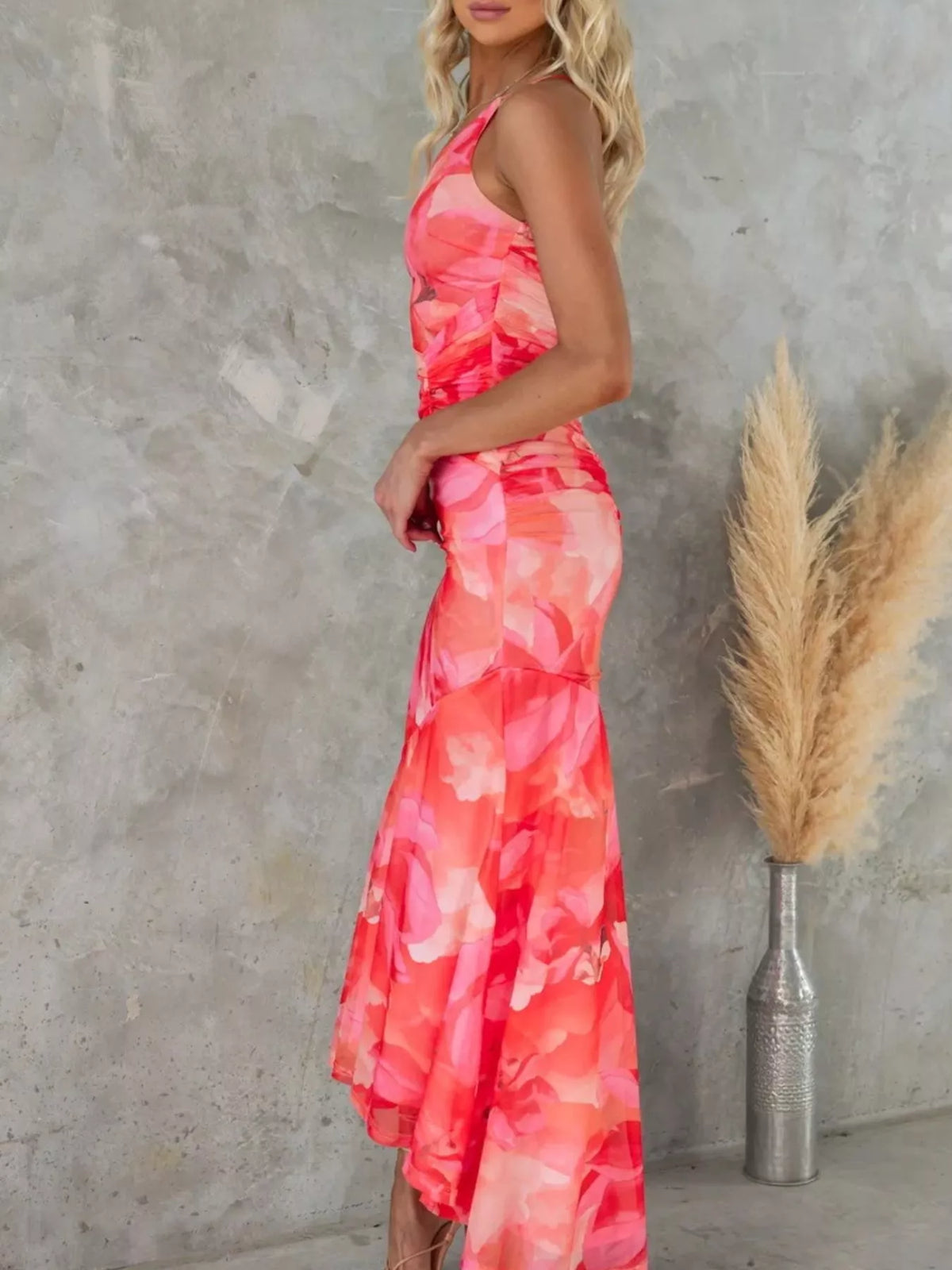 Floral One-Shoulder Ruched Maxi Dress