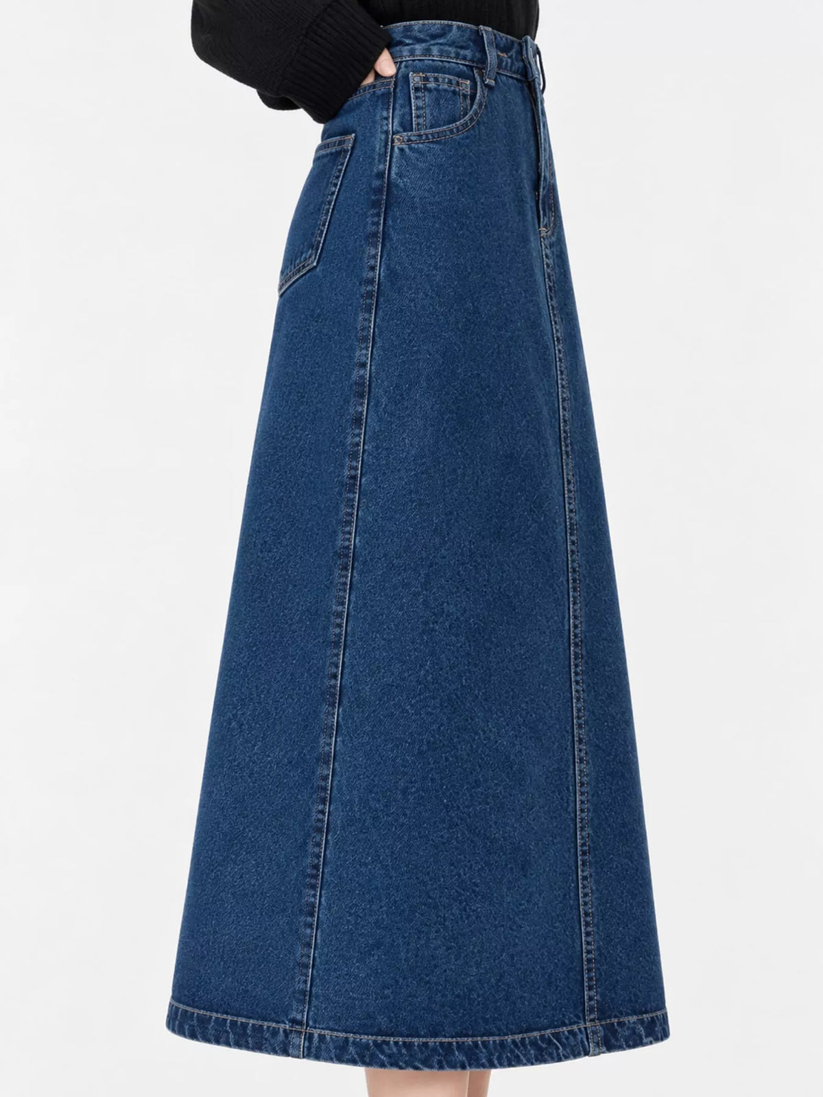 High-Waisted Vintage Wash Midi Denim Skirt