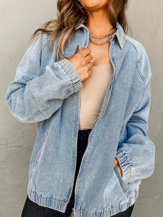 Collared Zip-Up Denim Jacket in Medium