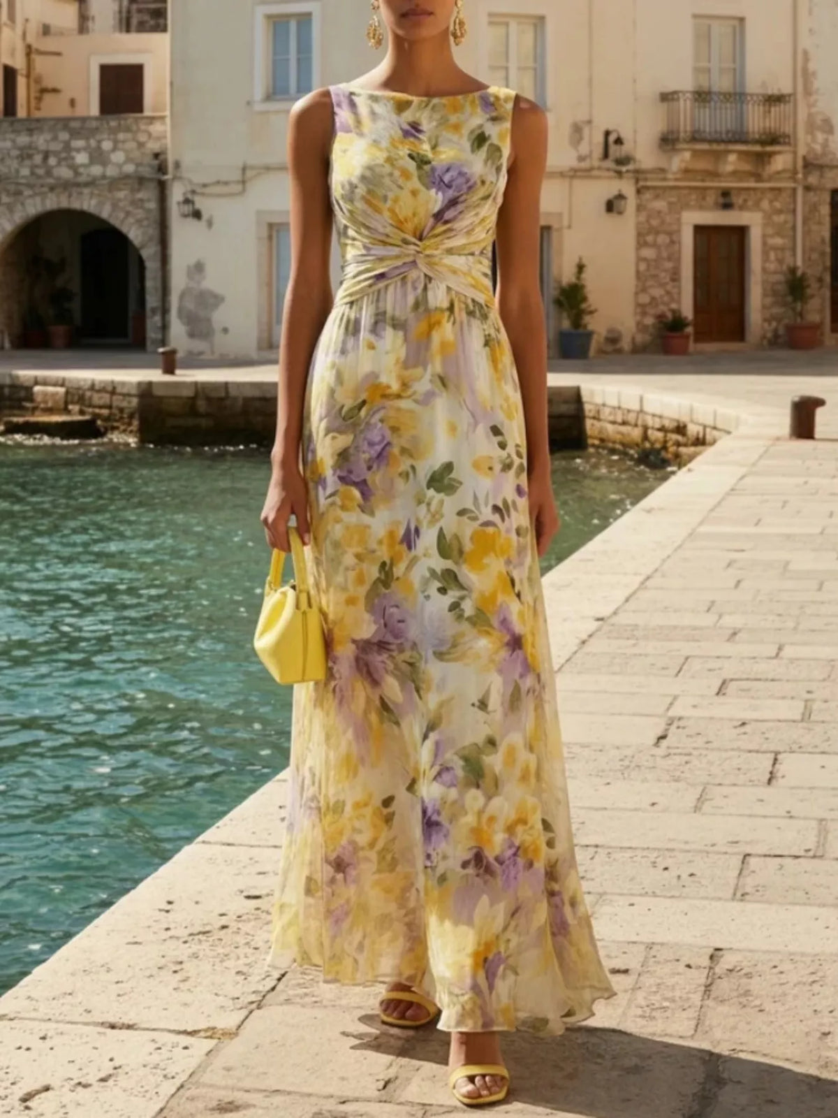 Floral Twist-Front Maxi Dress in Yellow