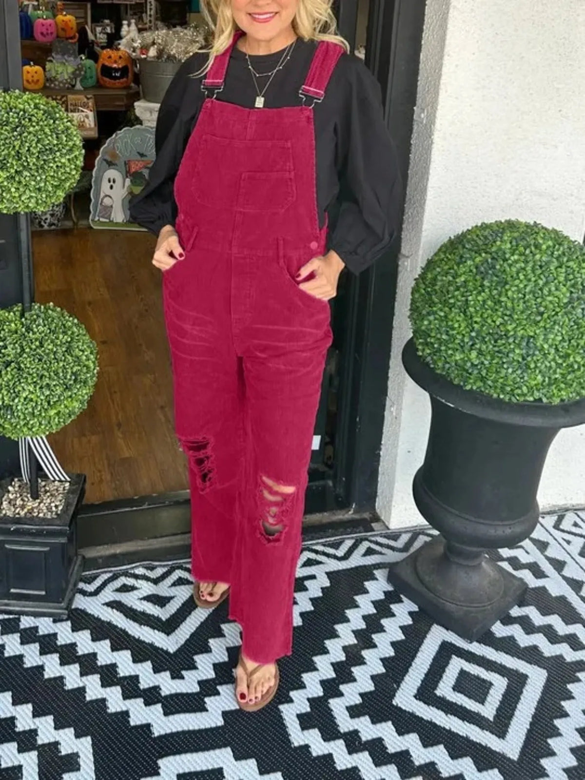 Distressed Wide Leg Corduroy Overalls