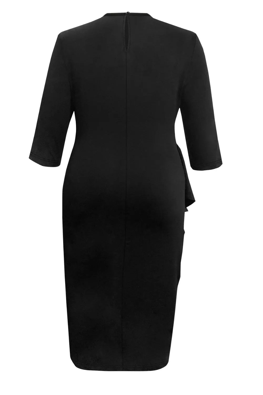 Ruffle Trim Round Neck Long Sleeve Dress in Black