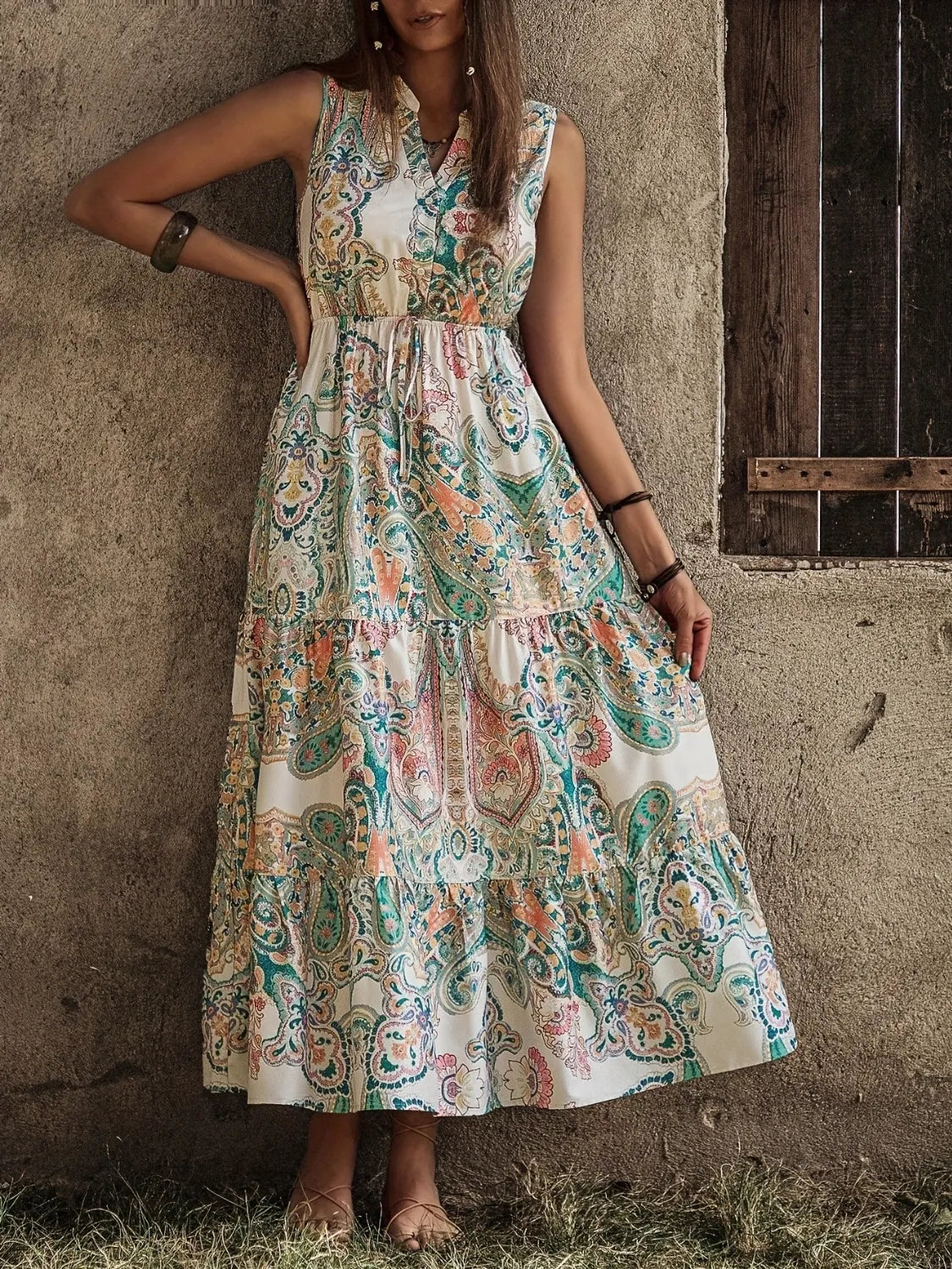 Printed Notched Sleeveless Dress in Cream by Macido