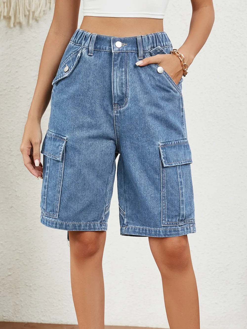High-Waisted Pocket Denim Shorts by Manny