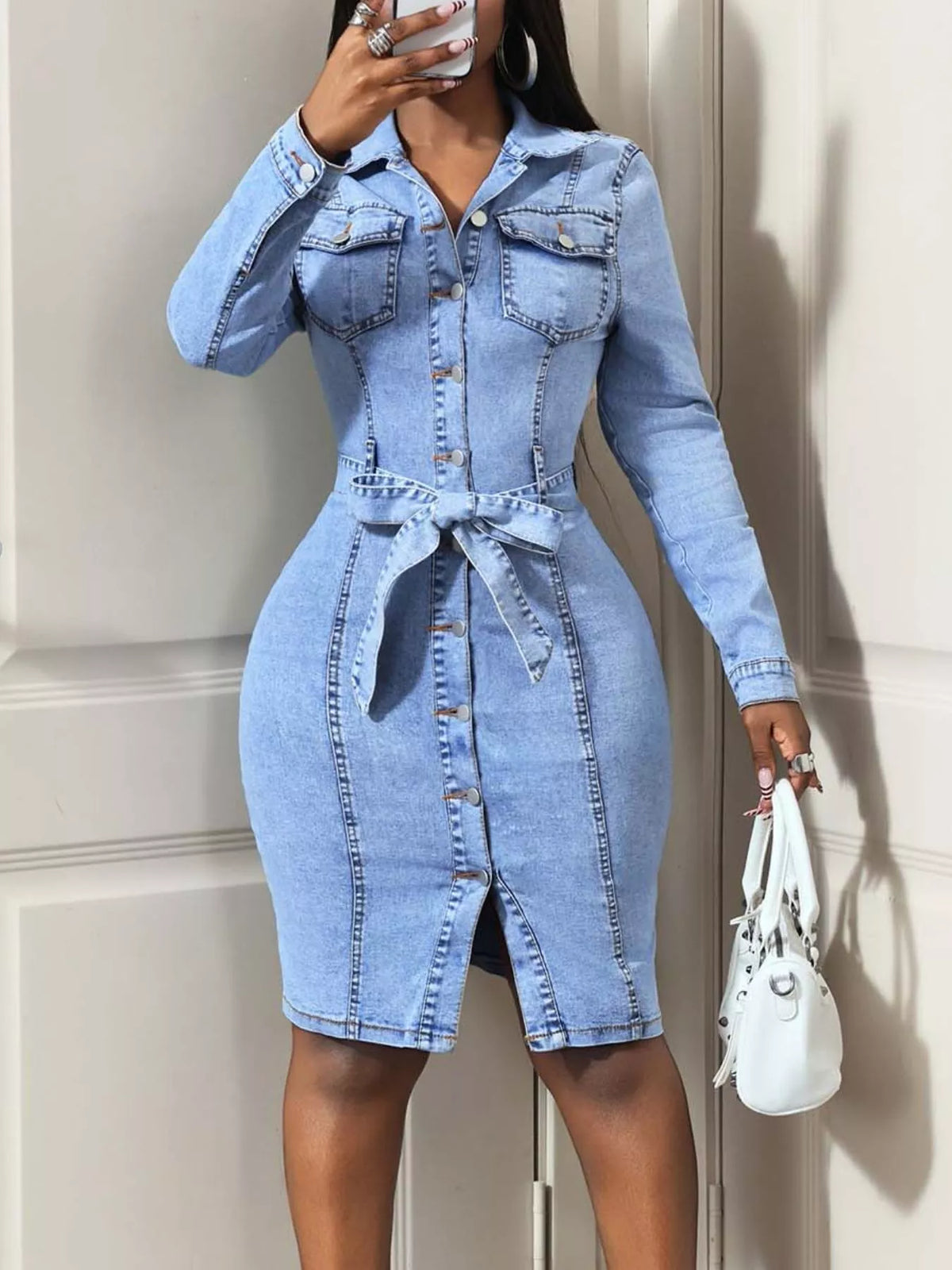 Button-Down Tie Waist Denim Dress in Blue