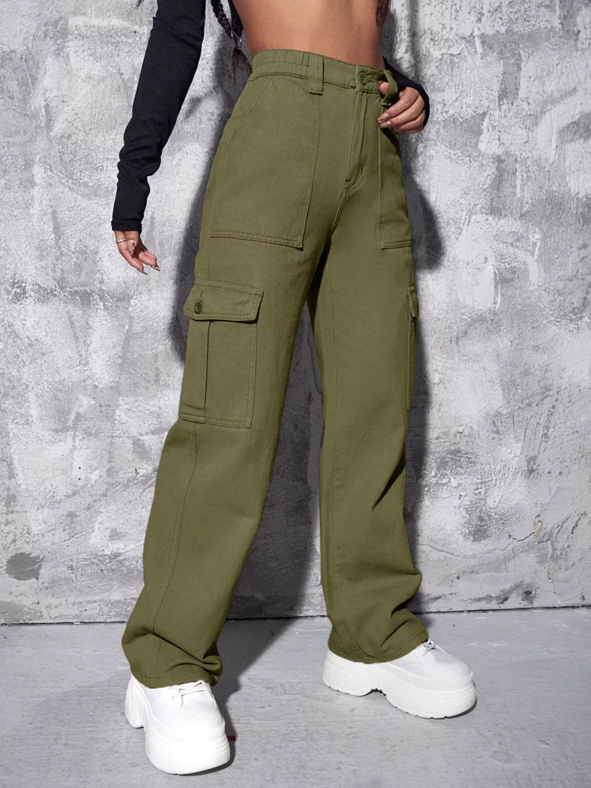 High-Waisted Cargo Jeans with Contrast Stitching