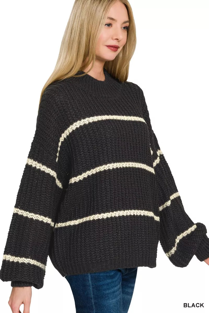 Zenana Oversize Striped Sweater in Black
