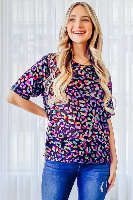 And The Why Leopard Foil Half Sleeve Sweater in Hologram