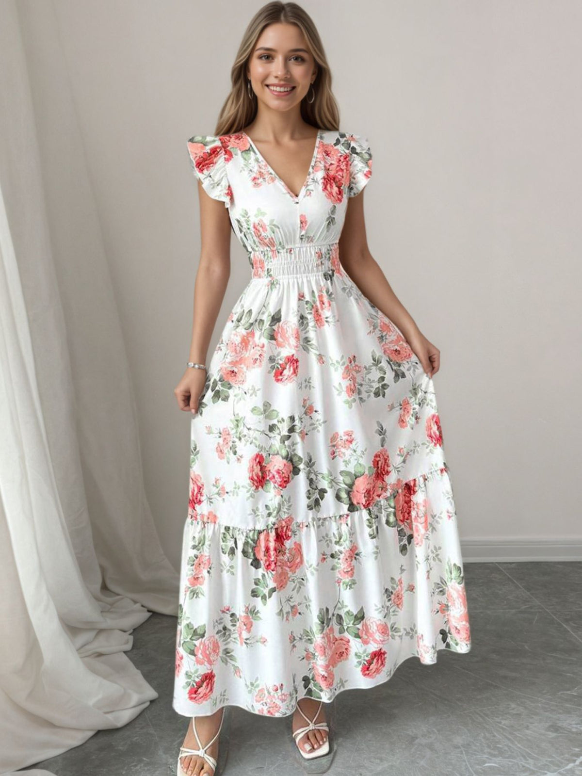 Ruffle Sleeve Tiered Maxi Dress in Floral