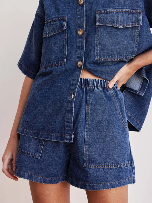 Elastic Waist Denim Shorts with Drawstring