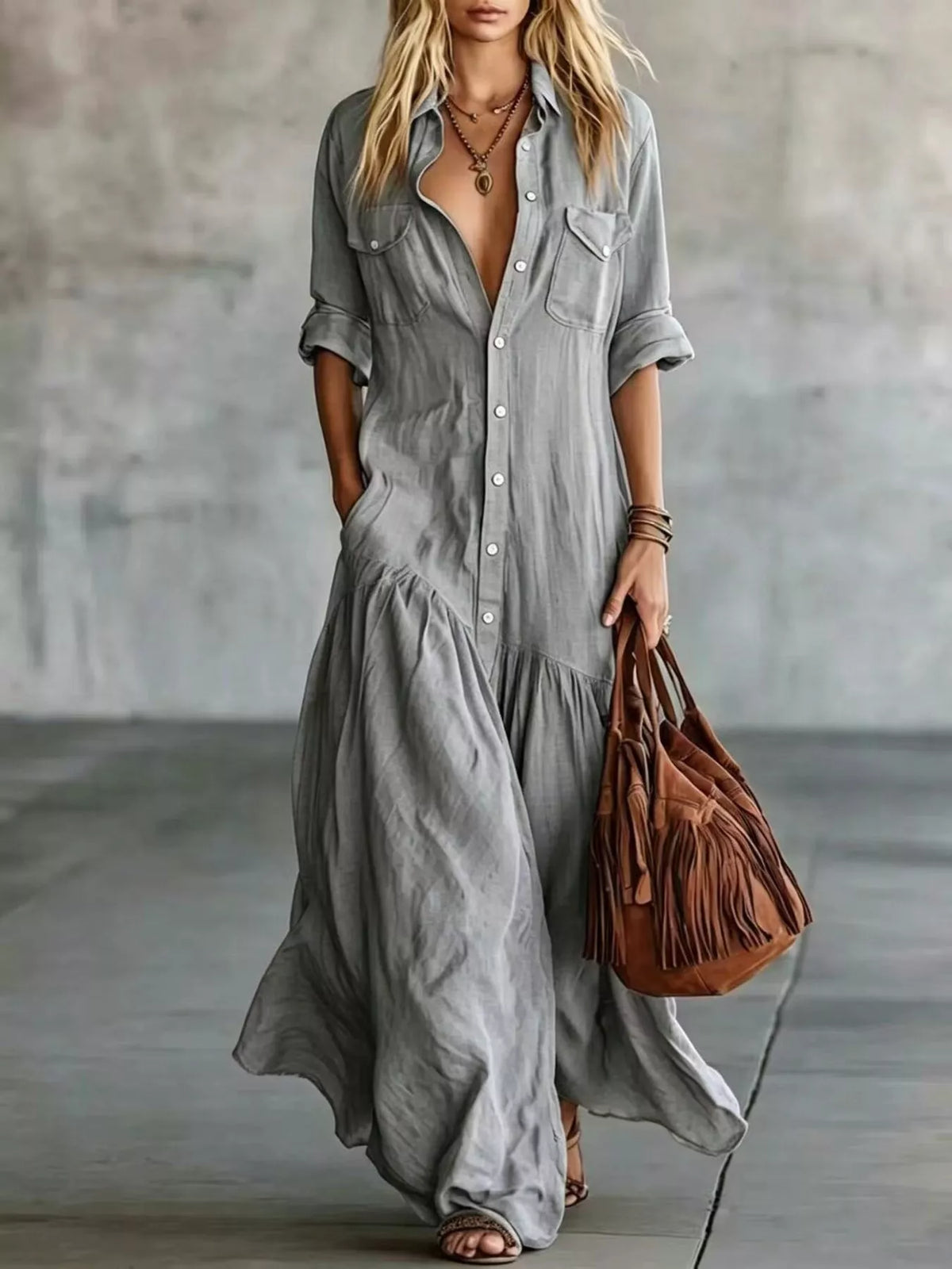 Button Front Roll-Up Sleeve Maxi Dress